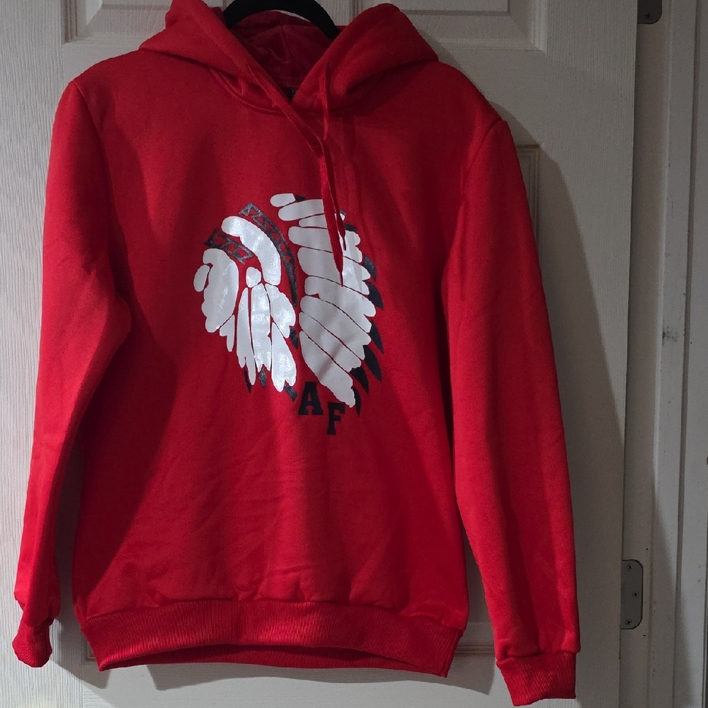 Red Hooded Sweater with Graphic Design